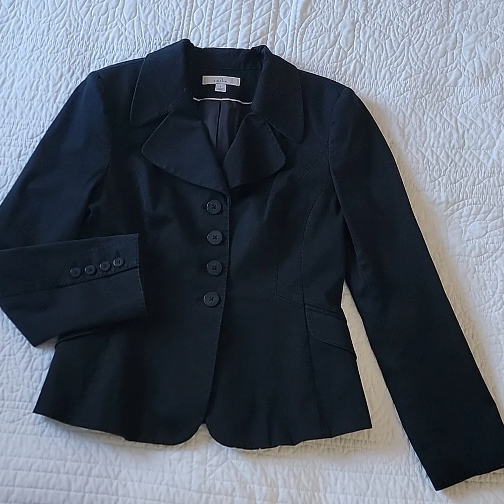 Black 4 Button Closure Structured Princess Seams Tailored Fit Blazer